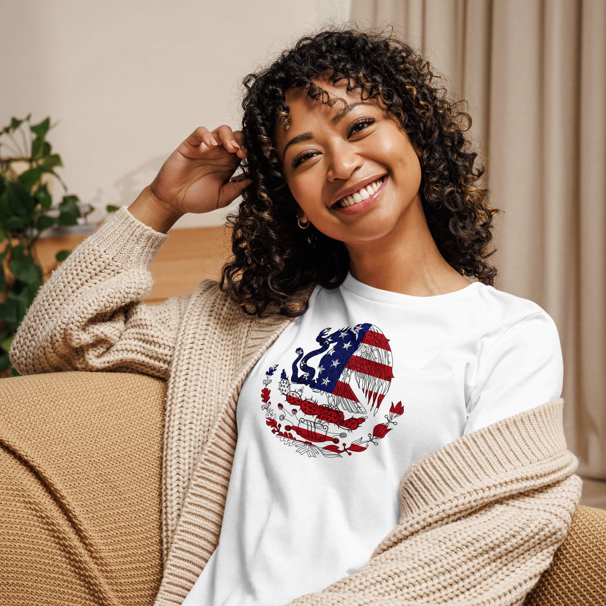 Mexican American white womens relaxed fit t-shirt model front