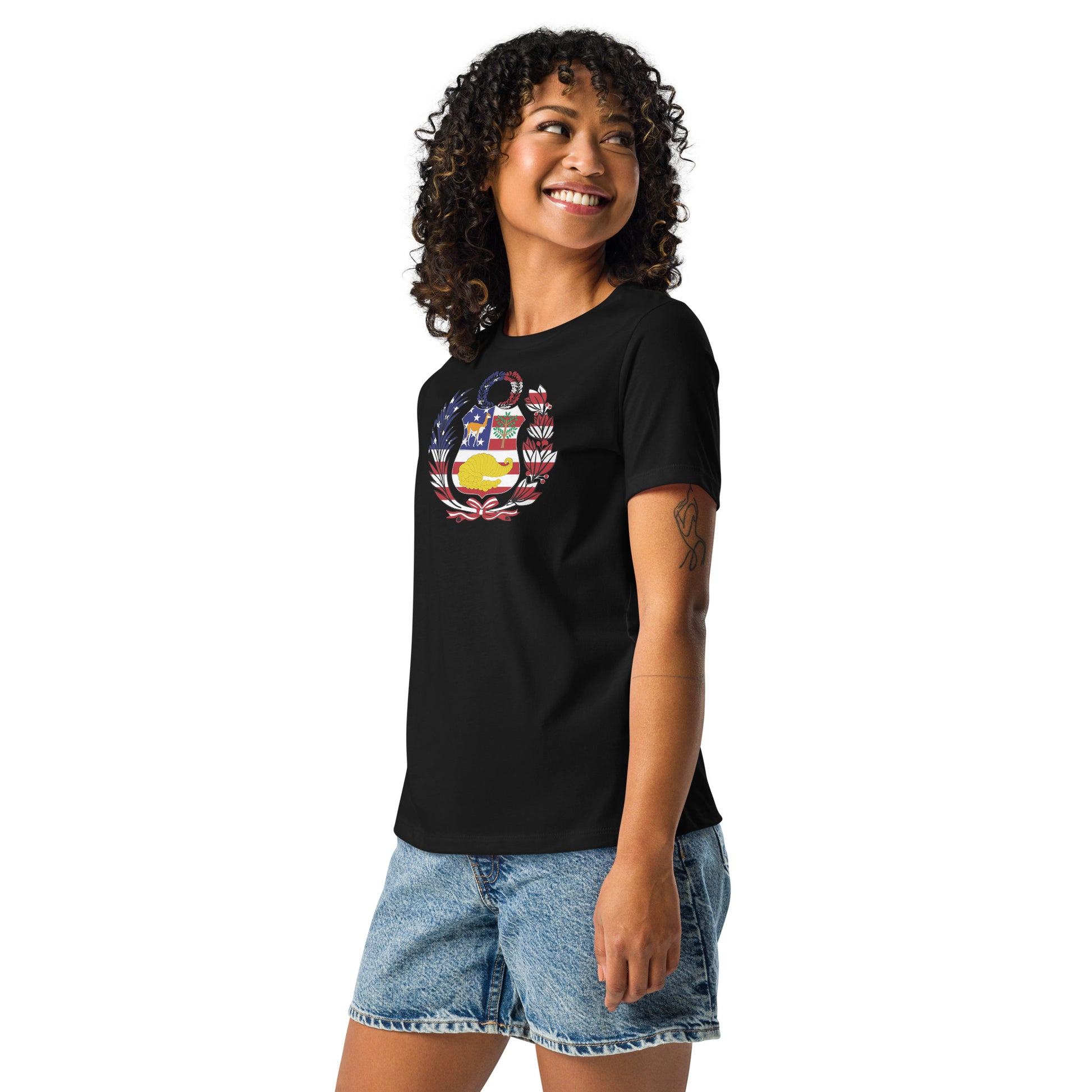 Peruvian American black womens relaxed fit t-shirt model left