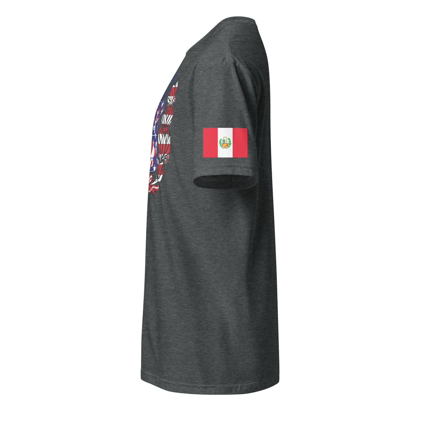 Peruvian American dark grey heather t-shirt stars forward left sleeve Peruvian flag