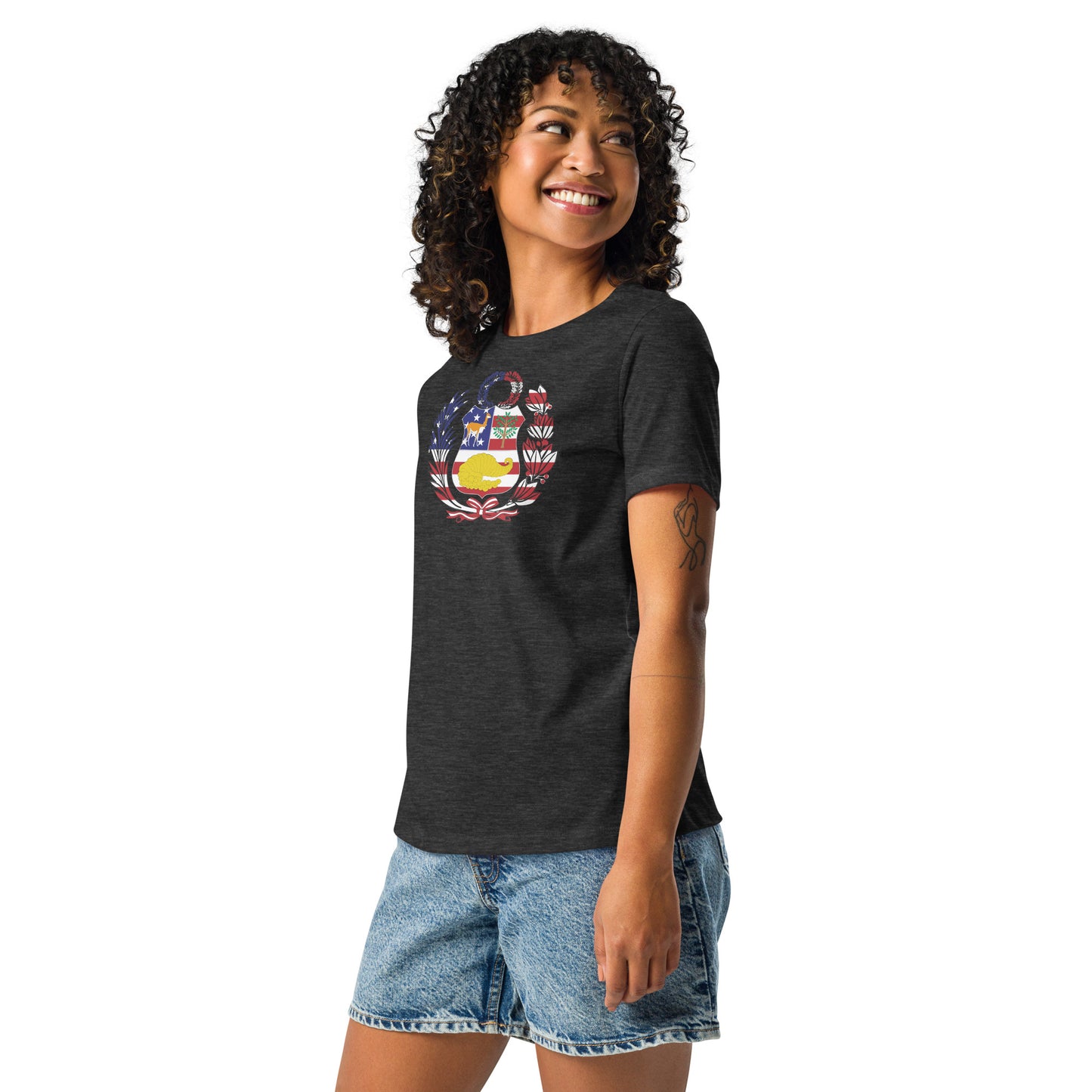 Peruvian American dark grey heather womens relaxed fit t-shirt model left