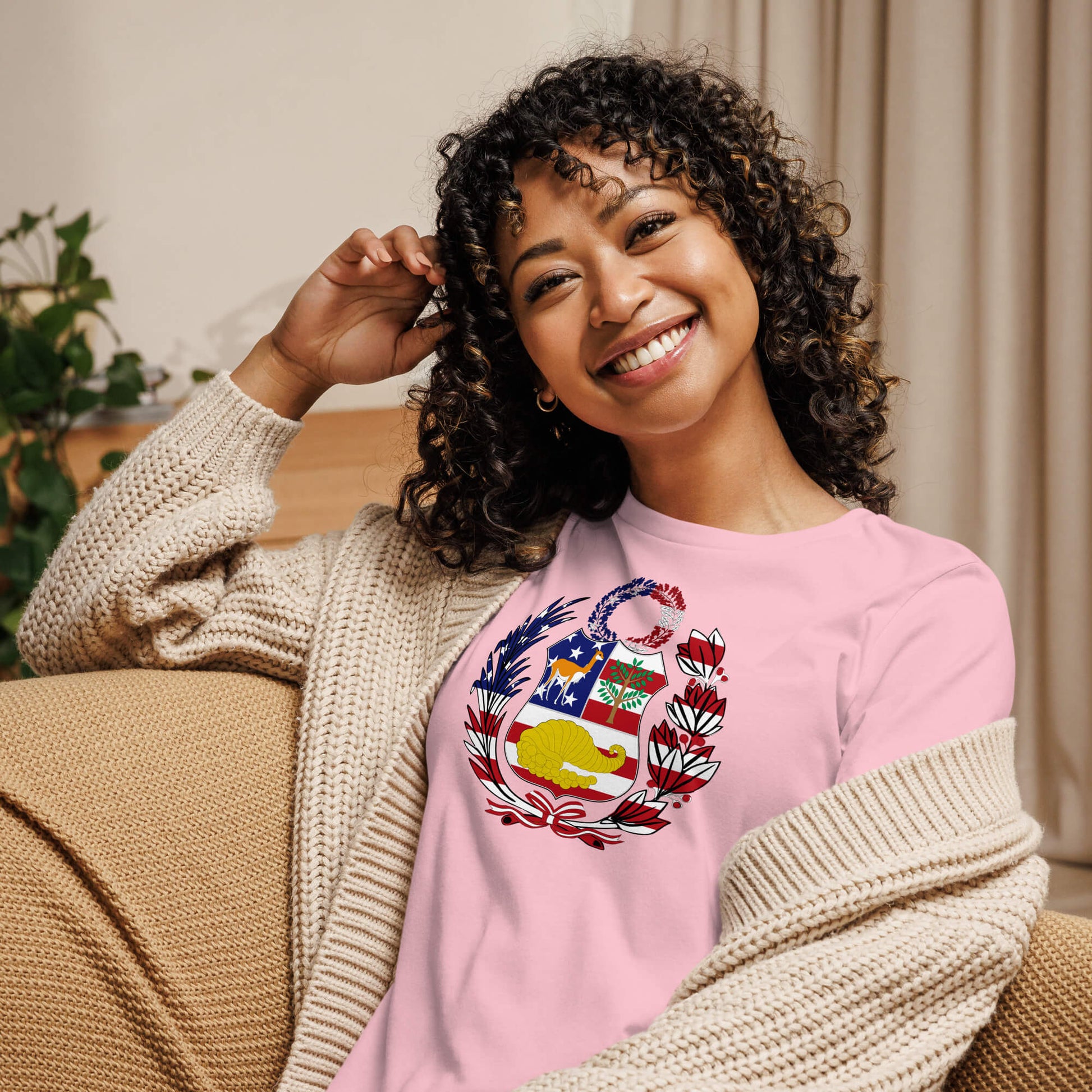 Peruvian American pink womens relaxed fit t-shirt model front