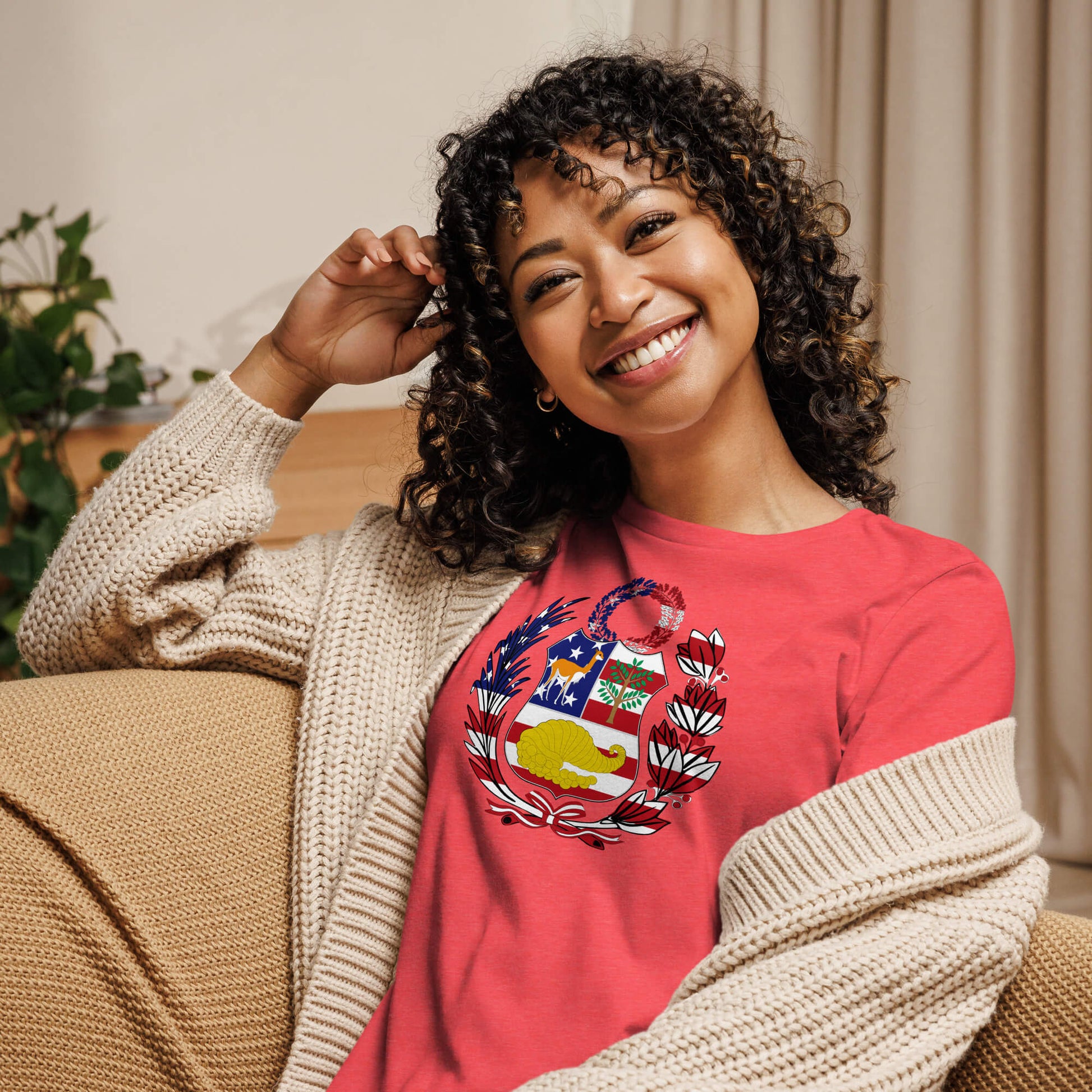 Peruvian American red heather womens relaxed fit t-shirt model front