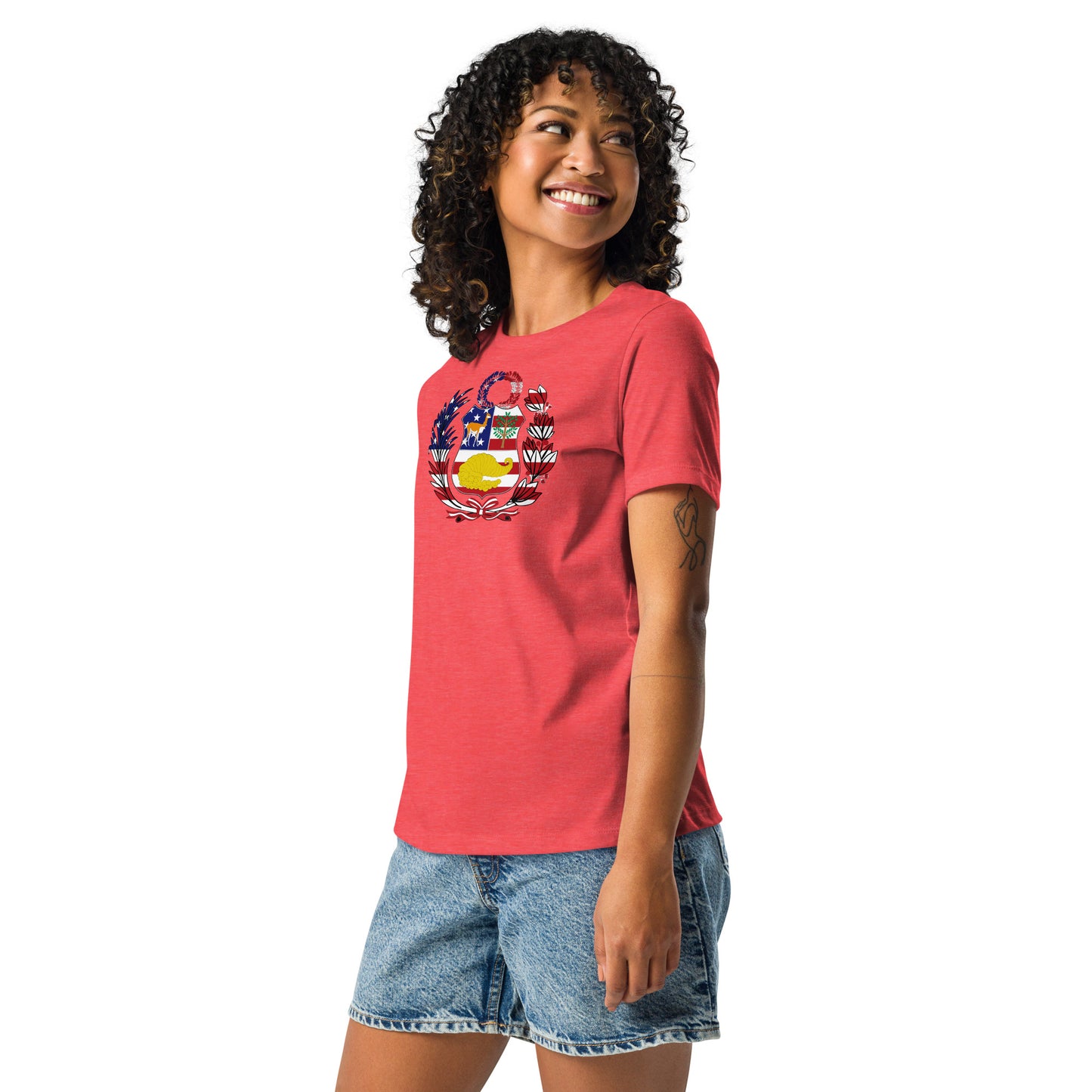 Peruvian American red heather womens relaxed fit t-shirt model left