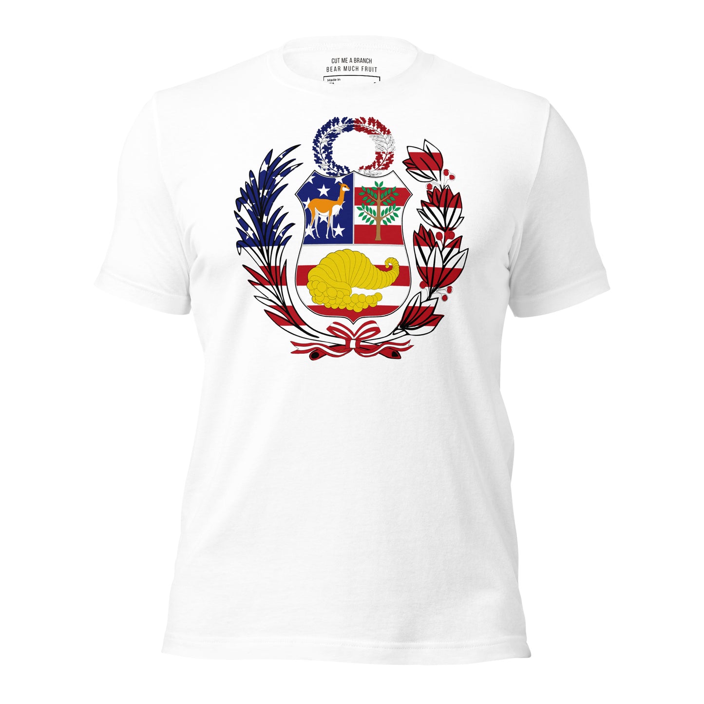 Peruvian American white t-shirt made in USA front