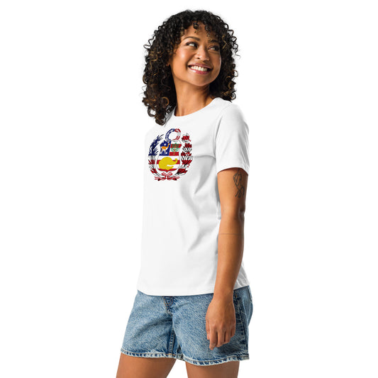 Peruvian American white womens relaxed fit t-shirt model left