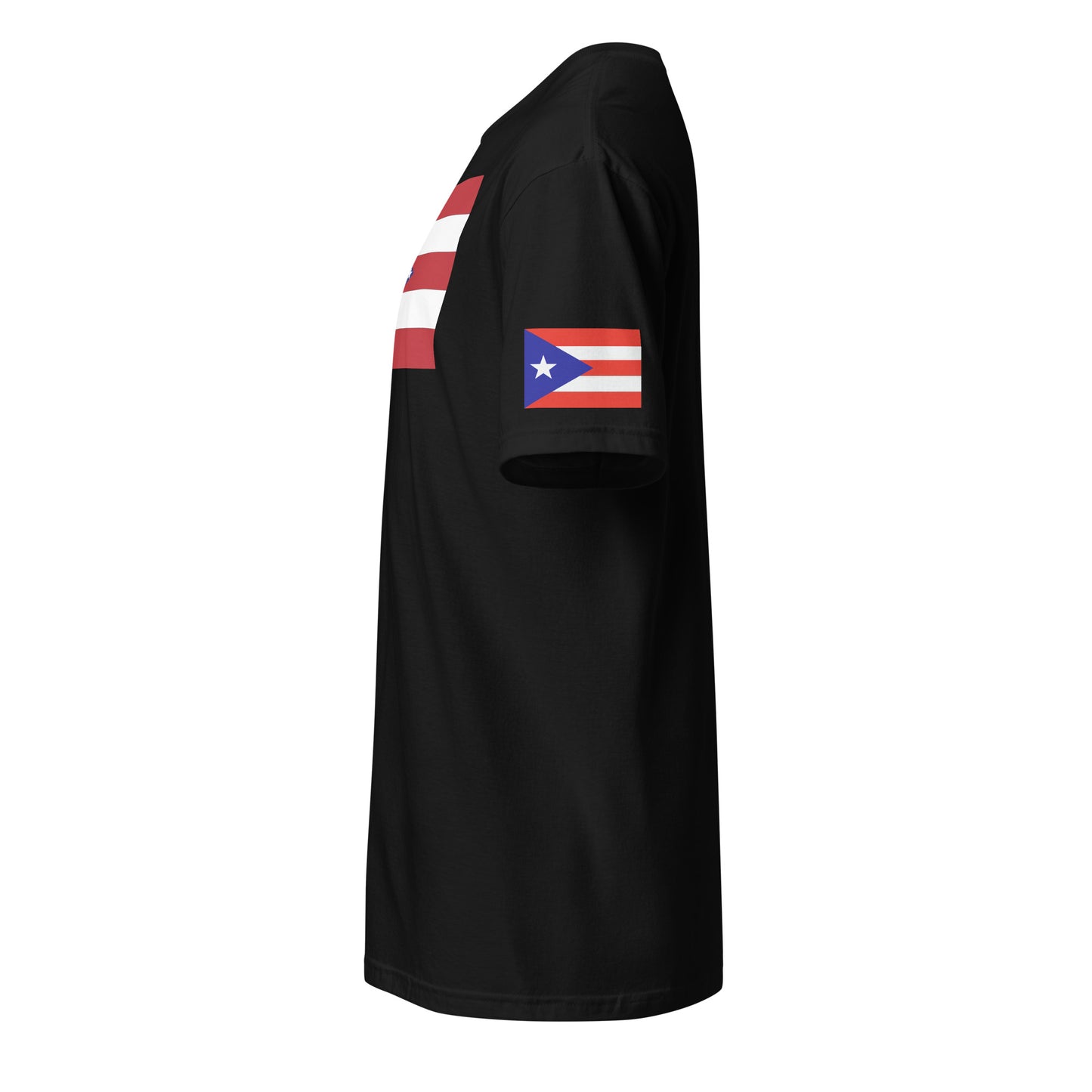 Puerto Rican American black t-shirt stars forward left sleeve Puerto Rican flag