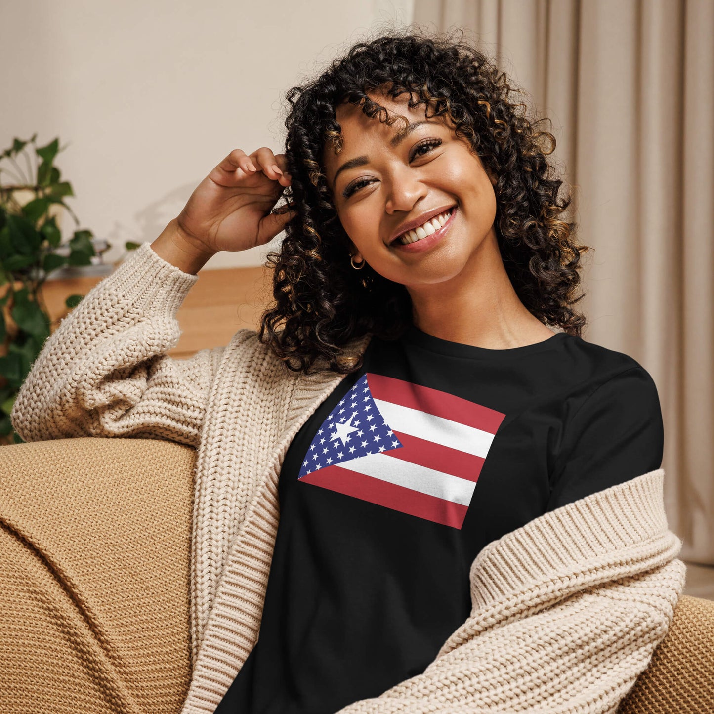 Puerto Rican American black womens relaxed fit t-shirt model front