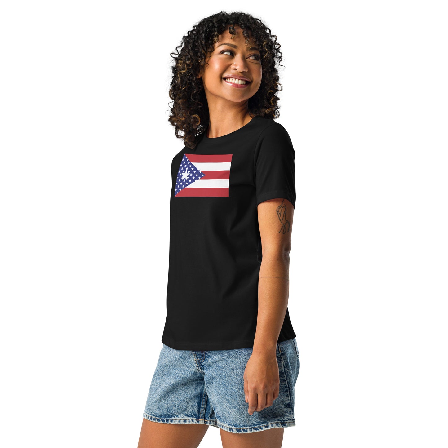 Puerto Rican American black womens relaxed fit t-shirt model left