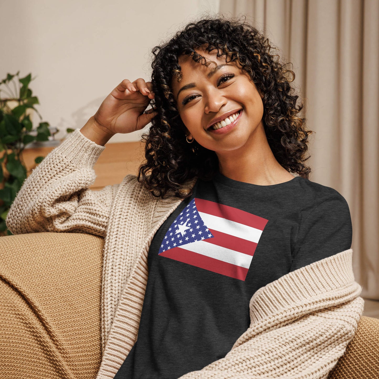 Puerto Rican American dark grey heather womens relaxed fit t-shirt model front