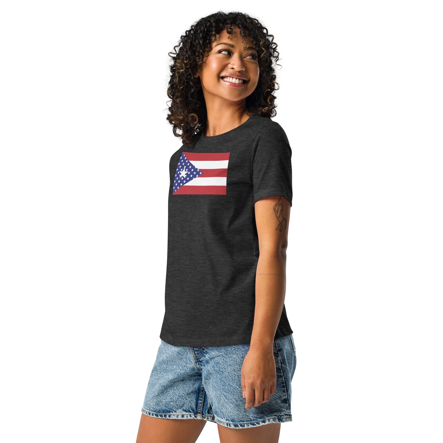 Puerto Rican American dark grey heather womens relaxed fit t-shirt model left