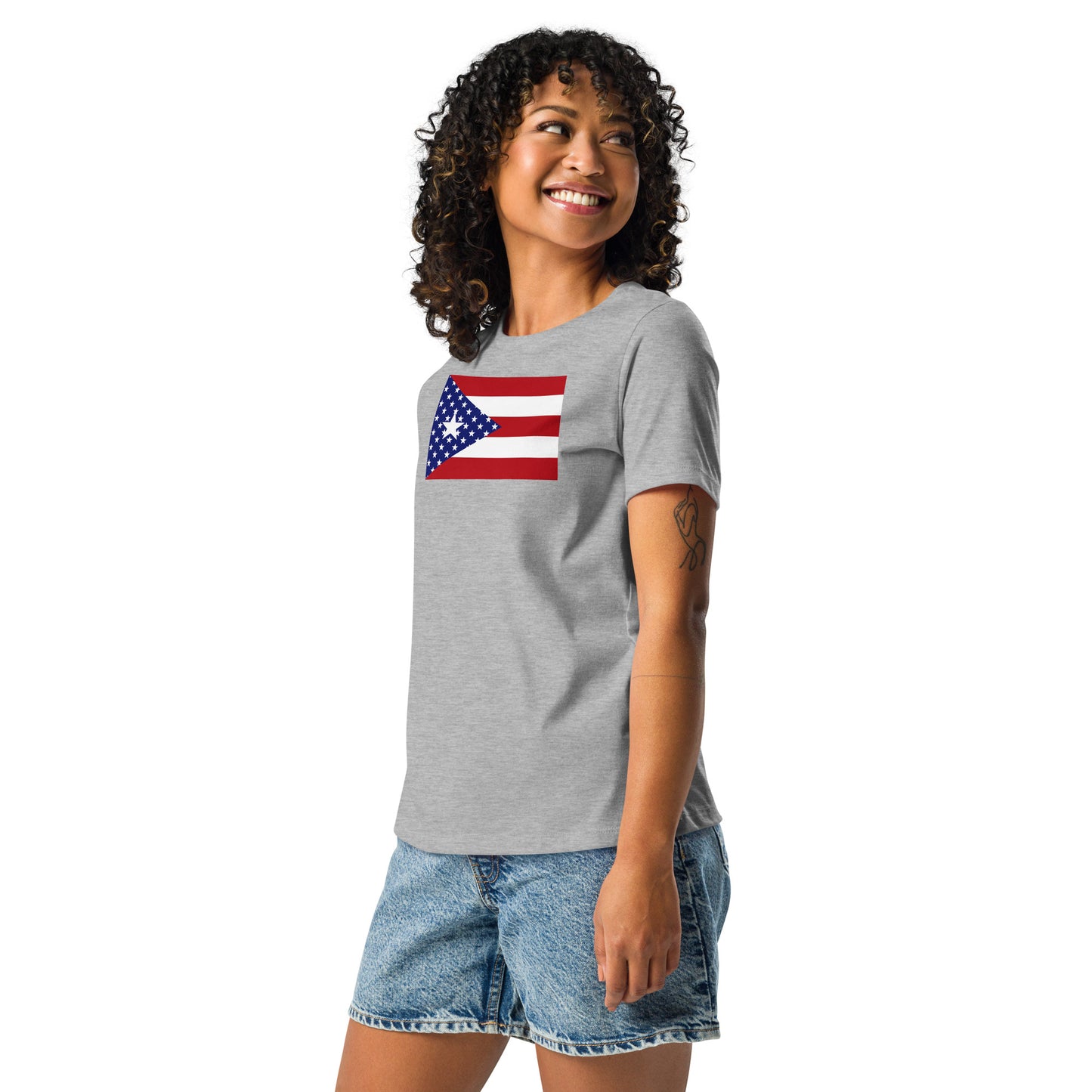 Puerto Rican American light grey heather womens relaxed fit t-shirt model left