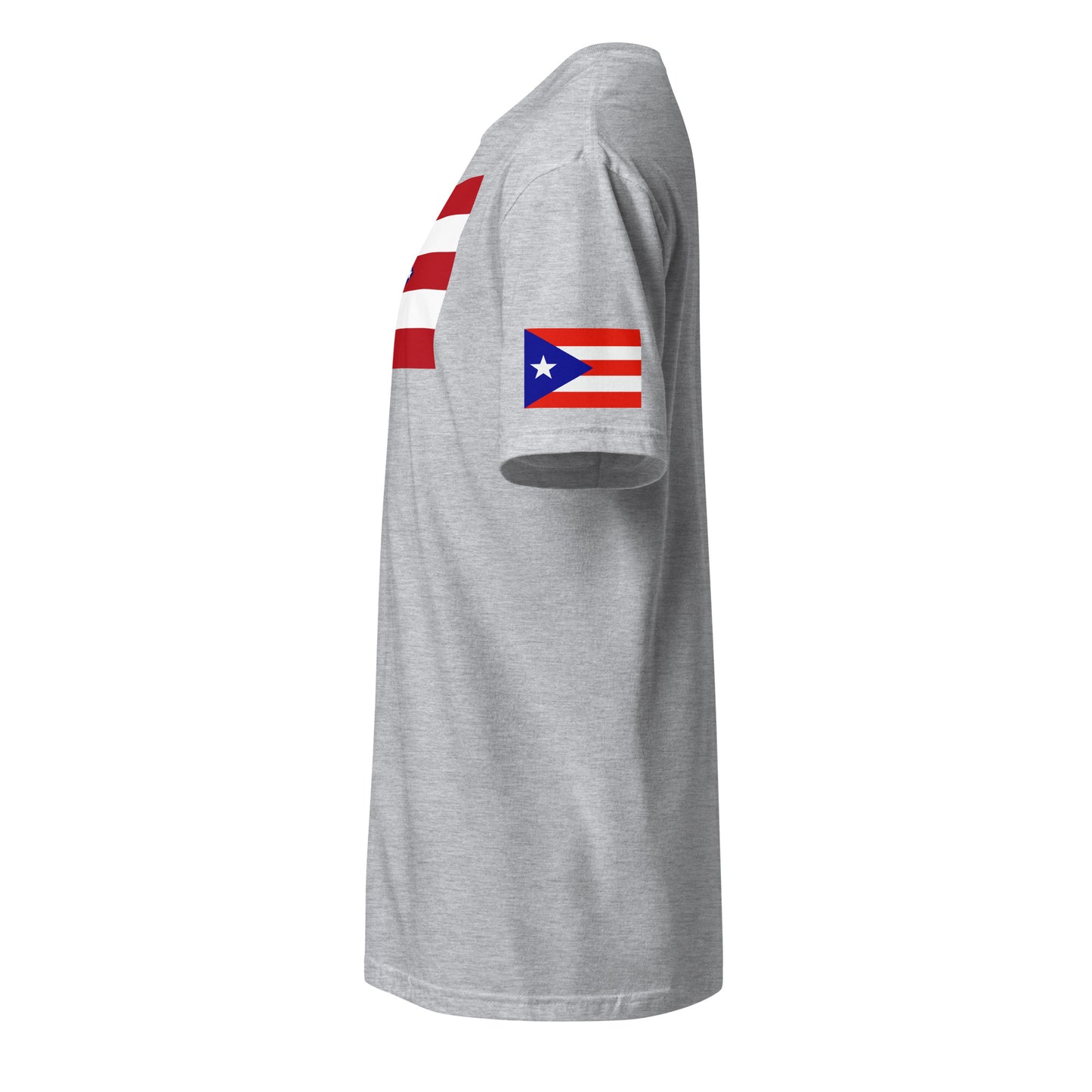 Puerto Rican American light grey t-shirt stars forward left sleeve Puerto Rican flag