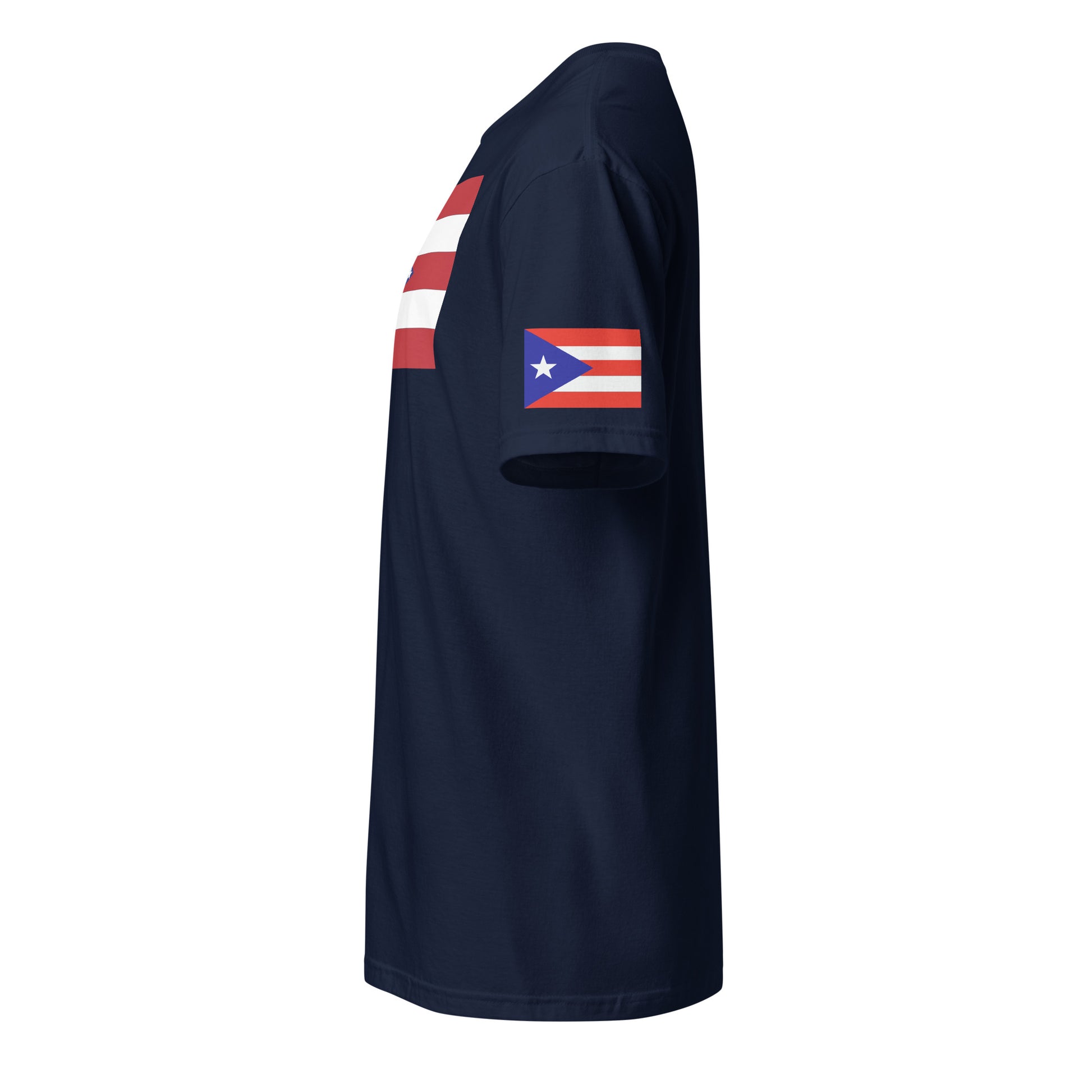 Puerto Rican American navy blue t-shirt stars forward left sleeve Puerto Rican flag