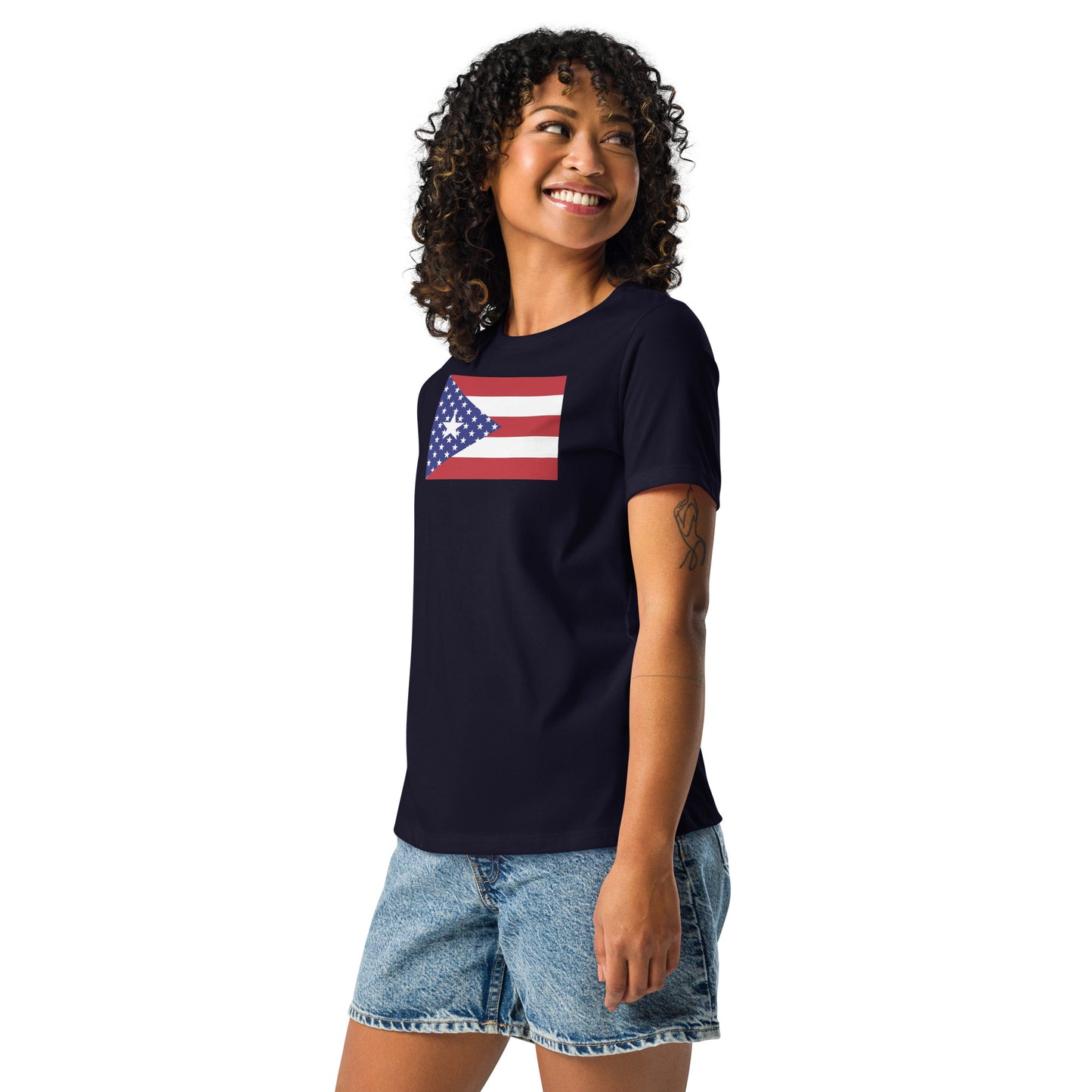 puertorican-american-navy-blue-womens-relaxed-fit-t-shirt-model-left