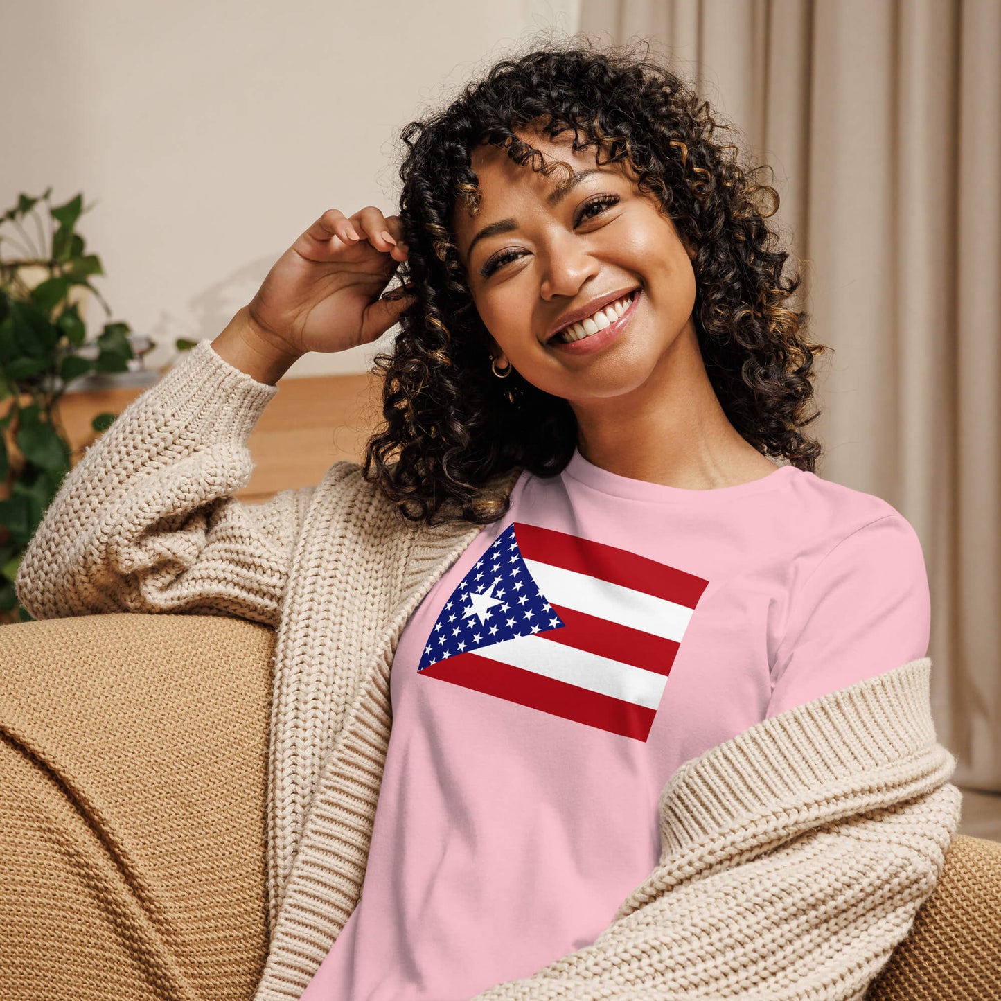 Puerto Rican American pink womens relaxed fit t-shirt model front