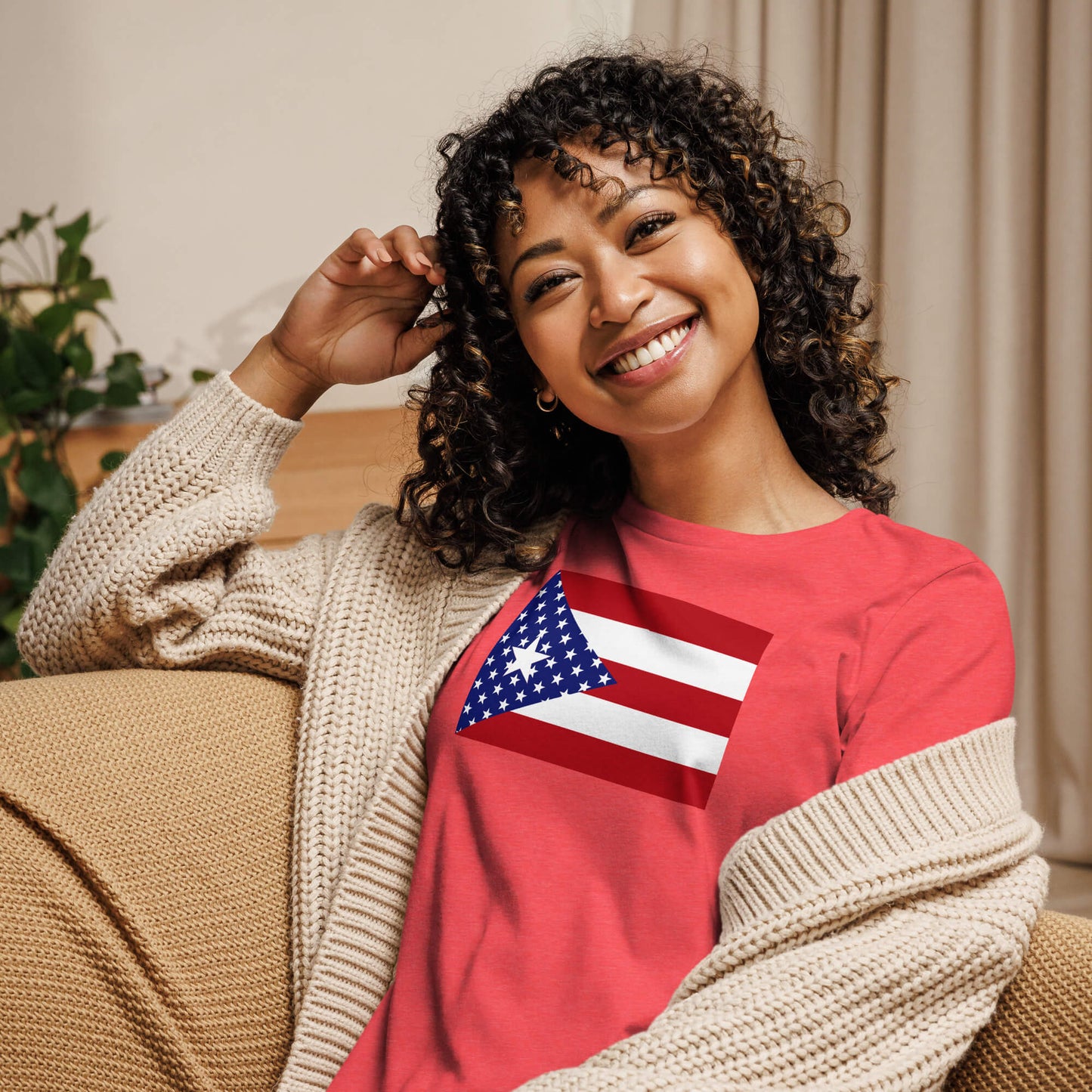 Puerto Rican American red heather womens relaxed fit t-shirt model front