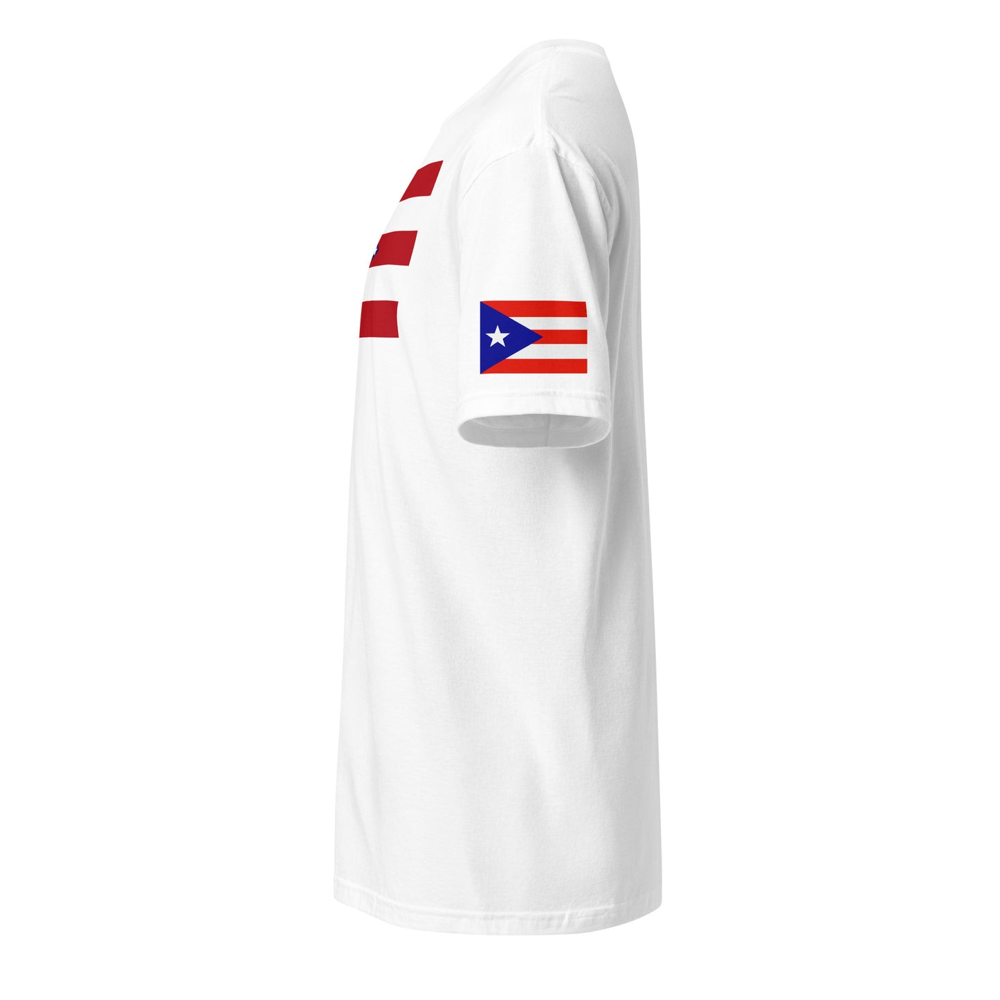 Puerto Rican American white t-shirt stars forward left sleeve Puerto Rican flag