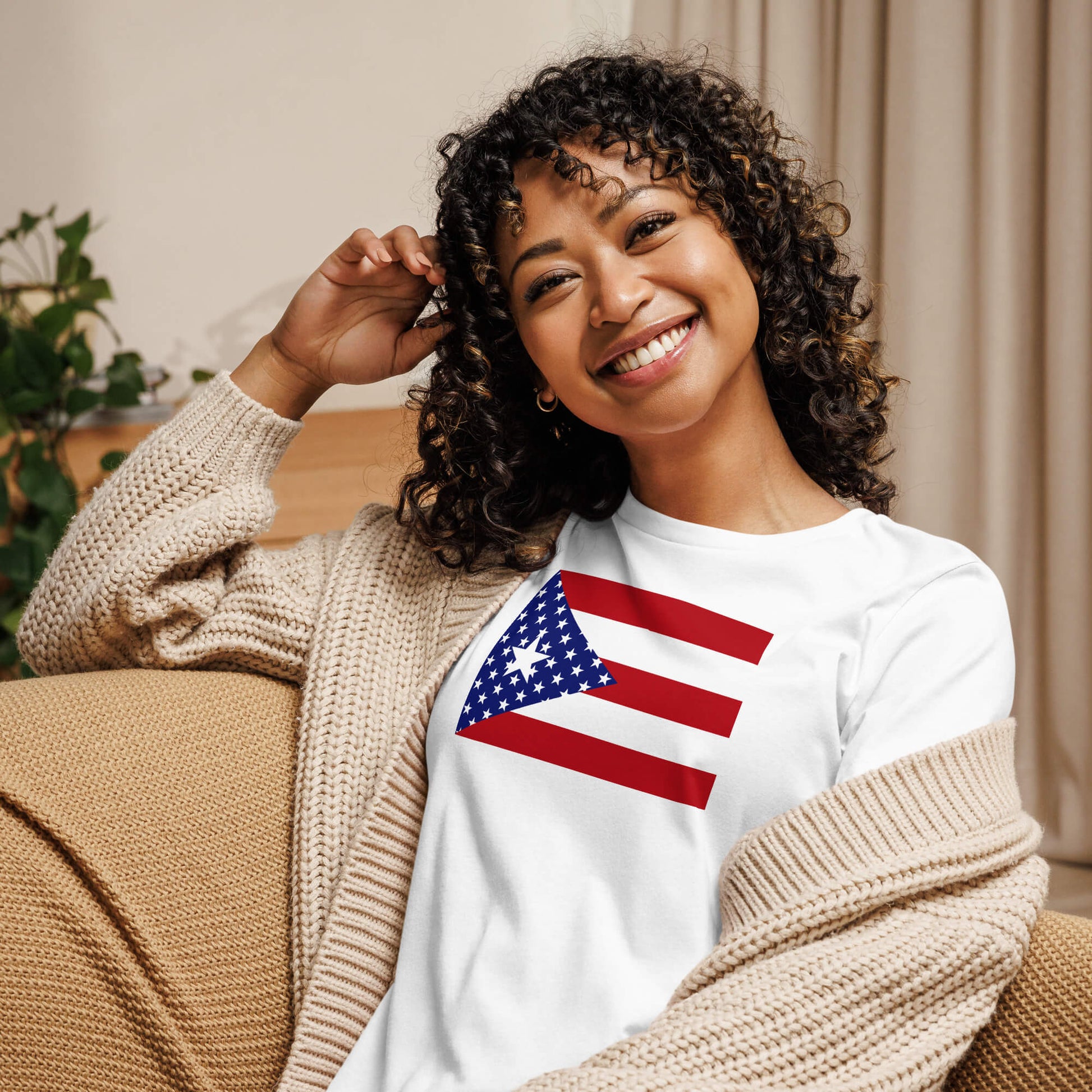 Puerto Rican American white womens relaxed fit t-shirt model front