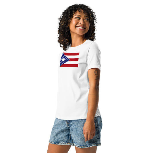 Puerto Rican American white womens relaxed fit t-shirt model left