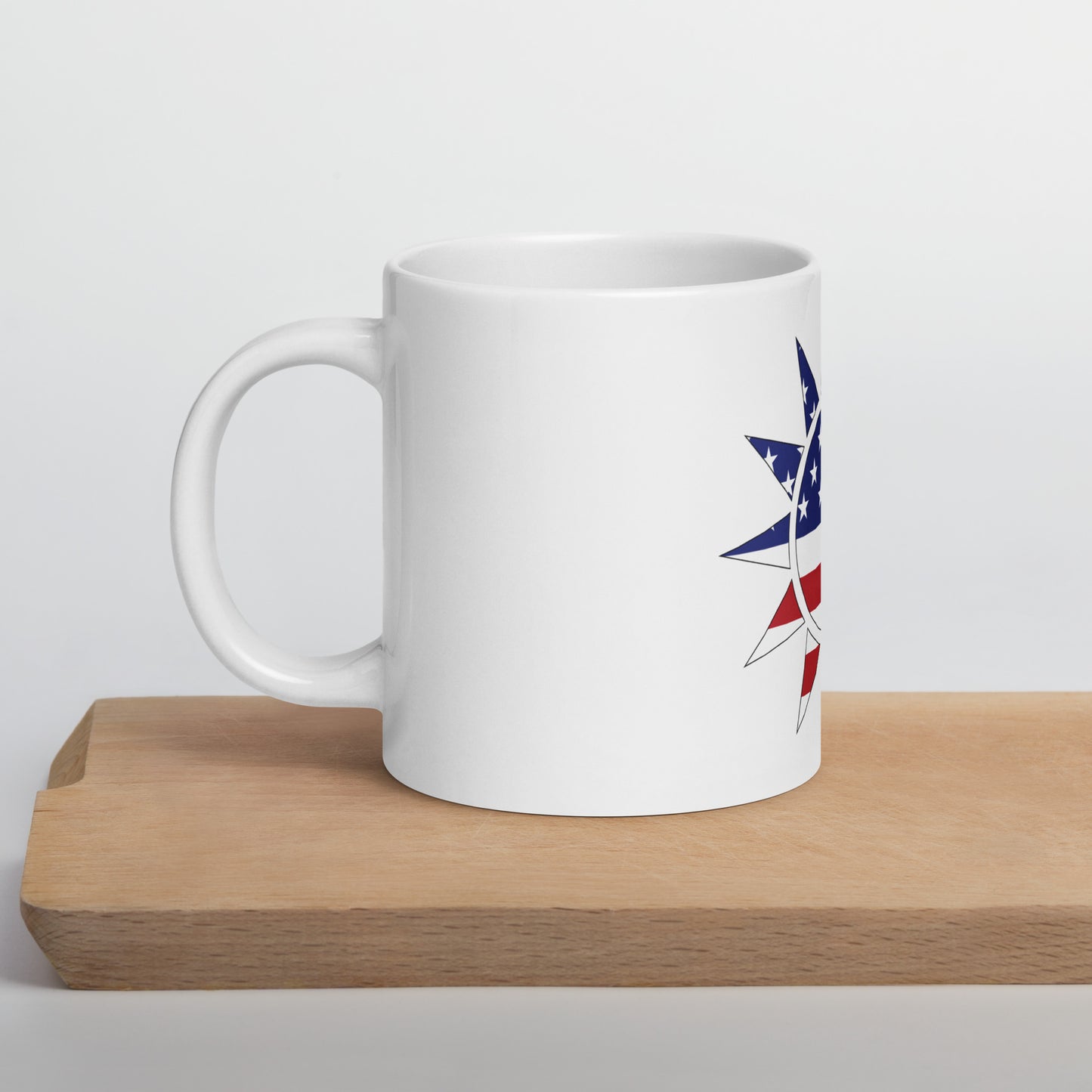 Taiwanese American 20oz white mug on wooden board