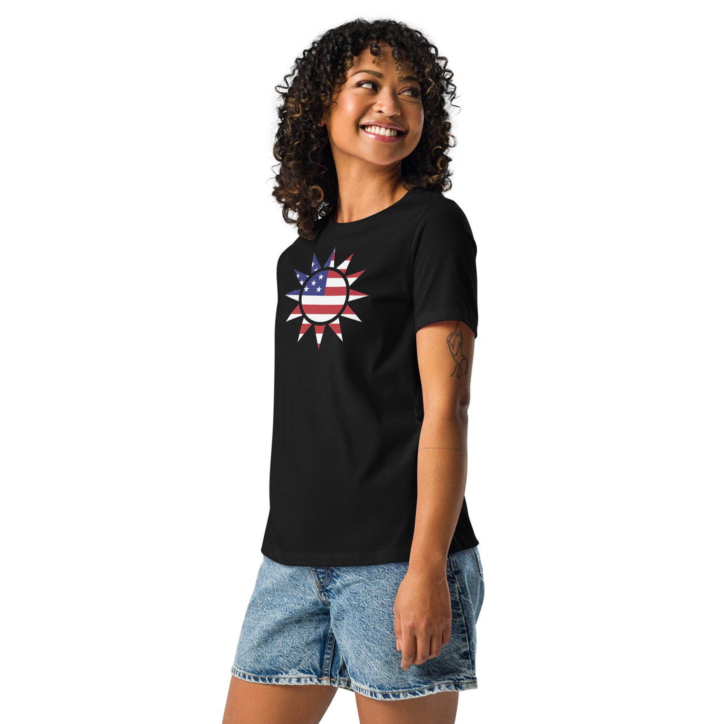 Taiwanese American black womens relaxed fit t-shirt model left