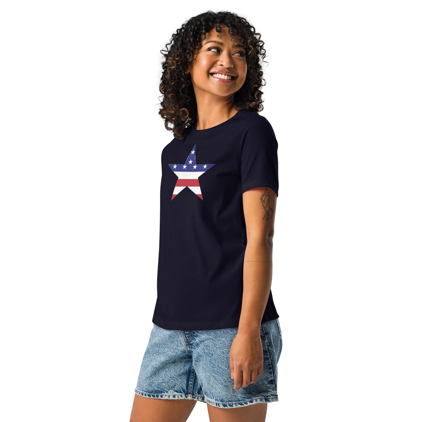 Vietnamese American navy blue womens relaxed fit t-shirt model left