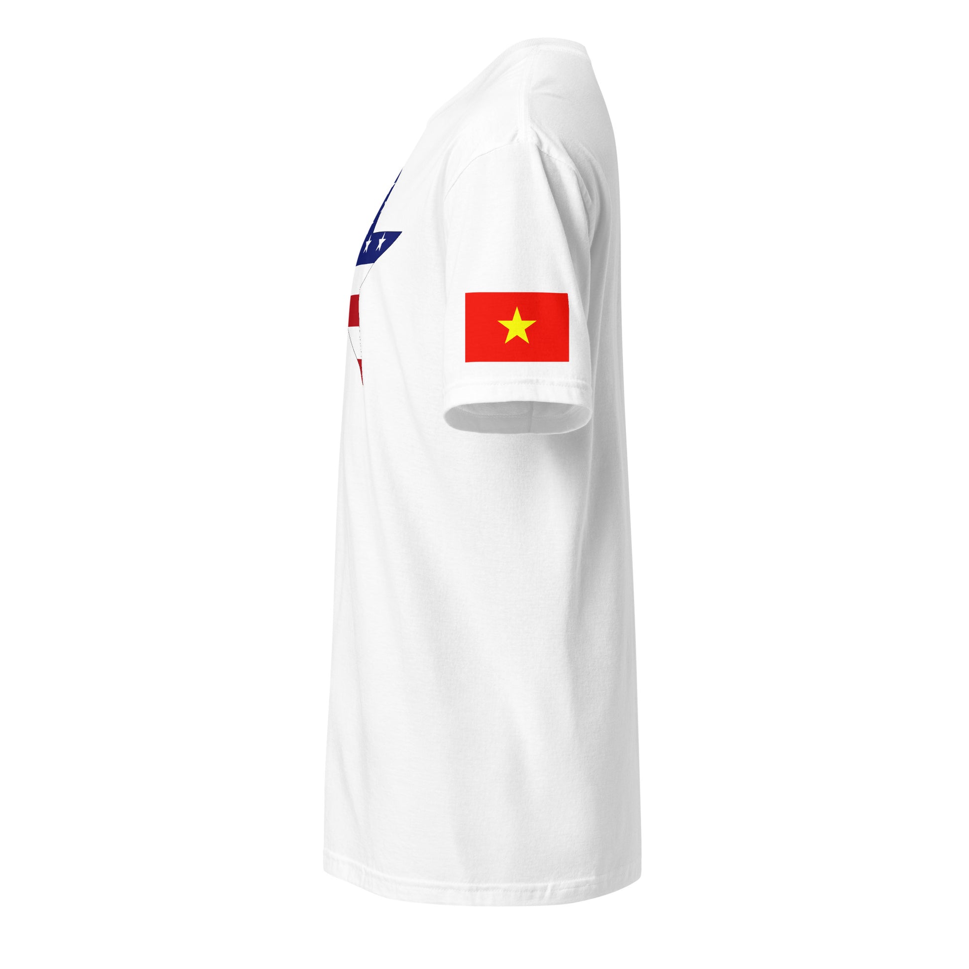 Vietnamese American white t-shirt stars forward left sleeve Vietnamese flag