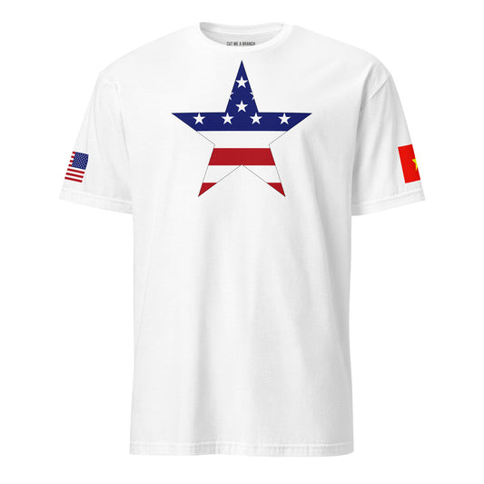 Vietnamese American white t-shirt stars forward